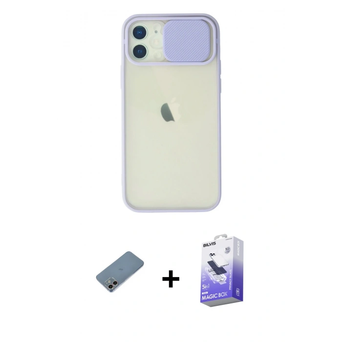 MARSİLYAN™- iPhone 12 Kılıf Vadi Çizgi - Siyah Bilvis 5in1 5D Magic Hayalet Cam Ekran Koruyucu + Shine Kamera Lens Koruma Cam - GI