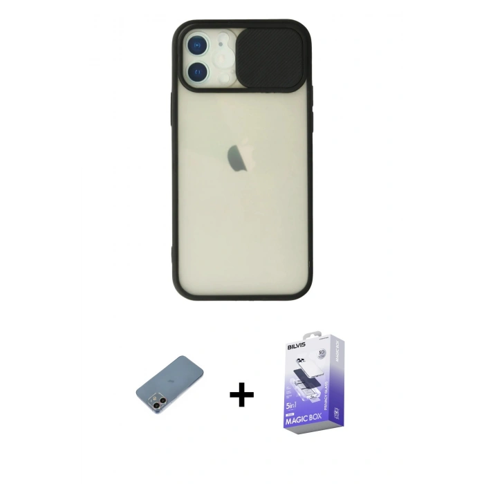 MARSİLYAN™- iPhone 12 Kılıf Vadi Çizgi - Siyah Bilvis 5in1 5D Magic Hayalet Cam Ekran Koruyucu + Shine Kamera Lens Koruma Cam - GI