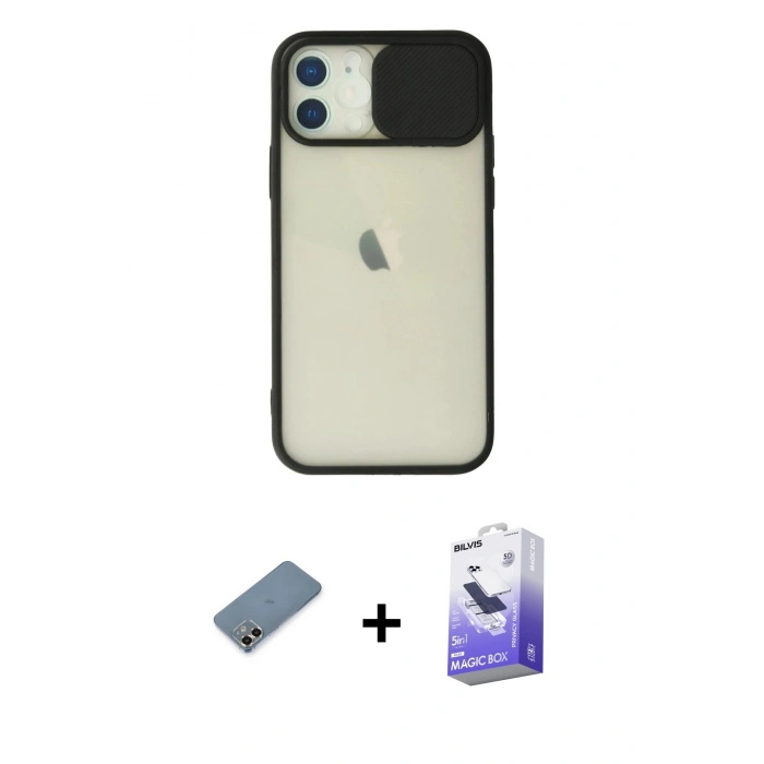 MARSİLYAN™- iPhone 12 Kılıf Vadi Çizgi - Siyah Bilvis 5in1 5D Magic Hayalet Cam Ekran Koruyucu + Metal Kamera Lens Koruma Cam - GD