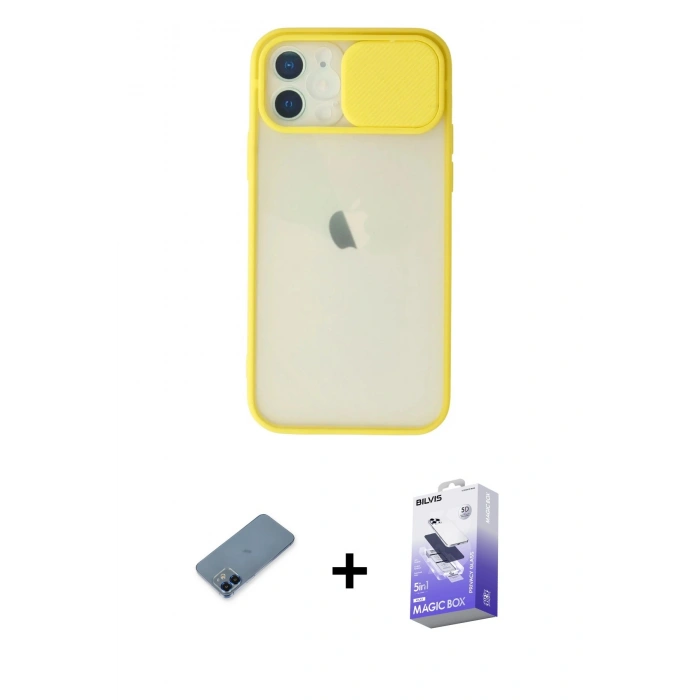 MARSİLYAN™- iPhone 12 Kılıf Vadi Çizgi - Siyah Bilvis 5in1 5D Magic Hayalet Cam Ekran Koruyucu + Metal Kamera Lens Koruma Cam - MI