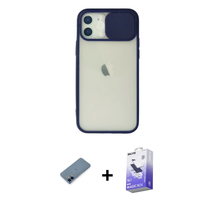 MARSİLYAN™- iPhone 12 Kılıf Vadi Çizgi - Siyah Bilvis 5in1 5D Magic Hayalet Cam Ekran Koruyucu + Metal Kamera Lens Koruma Cam - MI