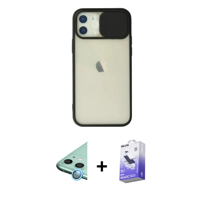 MARSİLYAN™- iPhone 12 Kılıf Vadi Çizgi - Siyah Bilvis 5in1 5D Magic Hayalet Cam Ekran Koruyucu + Mavi Raze Metal Kamera Lens
