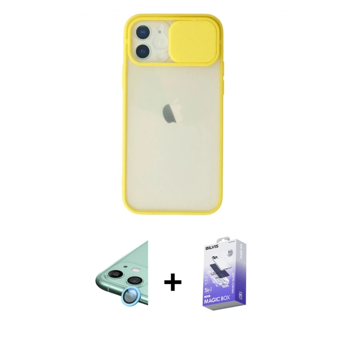 MARSİLYAN™- iPhone 12 Kılıf Vadi Çizgi - Siyah Bilvis 5in1 5D Magic Hayalet Cam Ekran Koruyucu + Mavi Raze Metal Kamera Lens