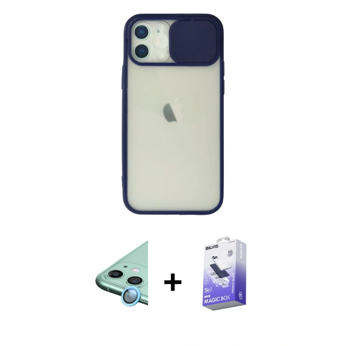 MARSİLYAN™- iPhone 12 Kılıf Vadi Çizgi - Siyah Bilvis 5in1 5D Magic Hayalet Cam Ekran Koruyucu + Mavi Raze Metal Kamera Lens