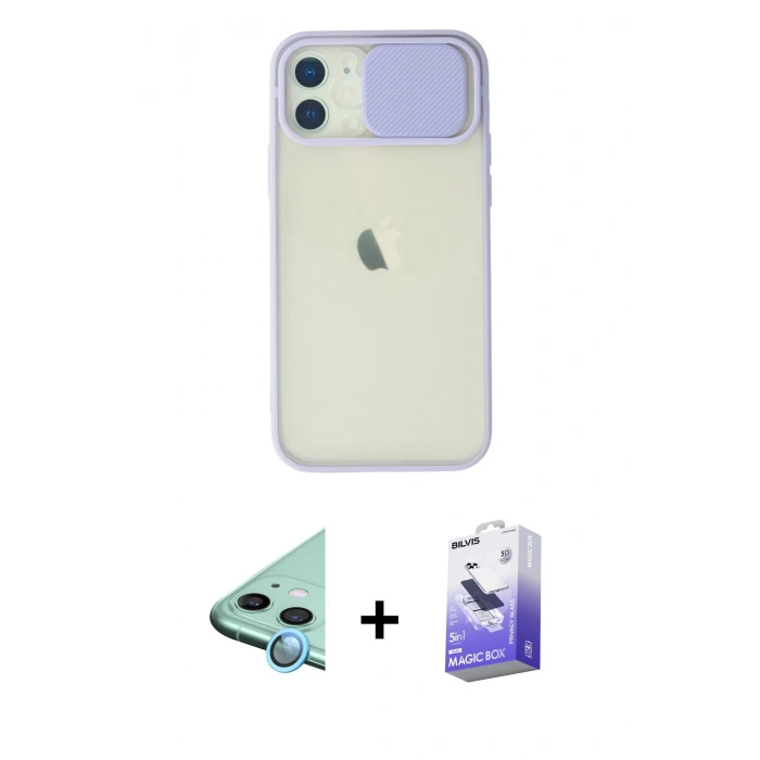 MARSİLYAN™- iPhone 12 Kılıf Vadi Çizgi - Siyah Bilvis 5in1 5D Magic Hayalet Cam Ekran Koruyucu + Mavi Raze Metal Kamera Lens