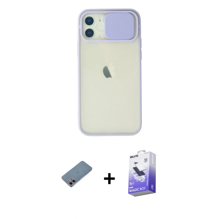 MARSİLYAN™- iPhone 12 Kılıf Vadi Çizgi - Siyah Bilvis 5in1 5D Magic Hayalet Cam Ekran Koruyucu + Shine Kamera Lens Koruma Cam - PE