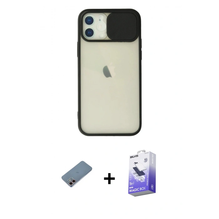 MARSİLYAN™- iPhone 12 Kılıf Vadi Çizgi - Siyah Bilvis 5in1 5D Magic Hayalet Cam Ekran Koruyucu + Shine Kamera Lens Koruma Cam - PE