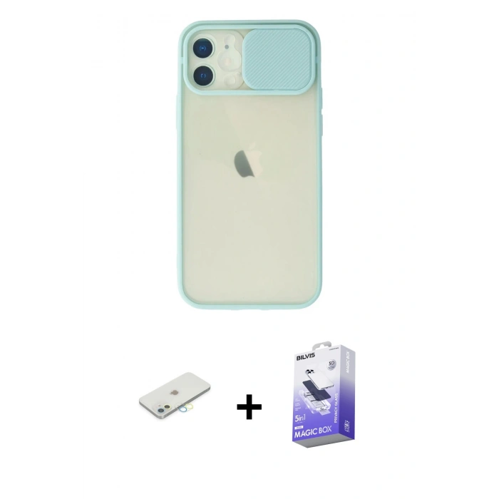 MARSİLYAN™- iPhone 12 Kılıf Vadi Çizgi - Siyah Bilvis 5in1 5D Magic Hayalet Cam Ekran Koruyucu + Renkli Kamera Lens Koruma Cam - SI