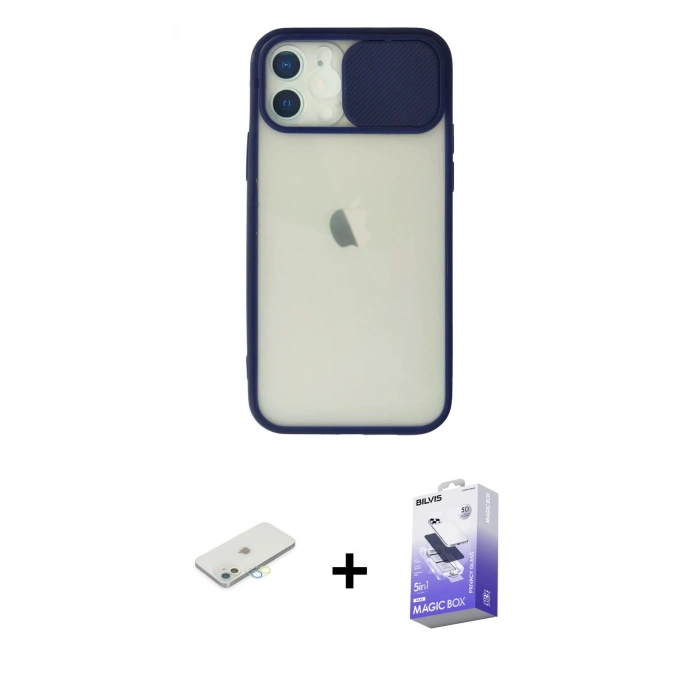 MARSİLYAN™- iPhone 12 Kılıf Vadi Çizgi - Siyah Bilvis 5in1 5D Magic Hayalet Cam Ekran Koruyucu + Renkli Kamera Lens Koruma Cam - SI
