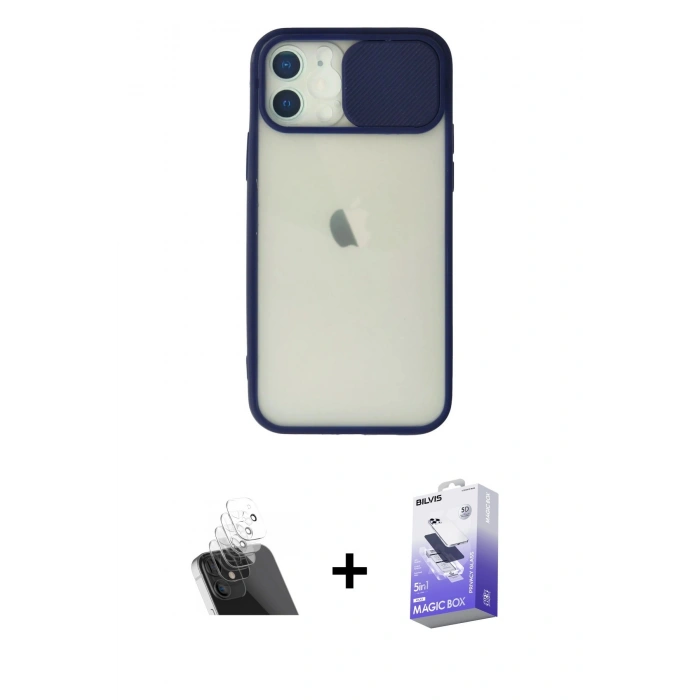 MARSİLYAN™- iPhone 12 Kılıf Vadi Çizgi - Siyah Bilvis 5in1 5D Magic Hayalet Cam Ekran Koruyucu + Şeffaf Kamera Lens Koruma Cam