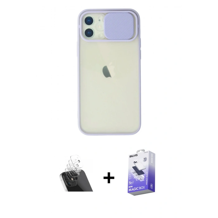 MARSİLYAN™- iPhone 12 Kılıf Vadi Çizgi - Siyah Bilvis 5in1 5D Magic Hayalet Cam Ekran Koruyucu + Şeffaf Kamera Lens Koruma Cam