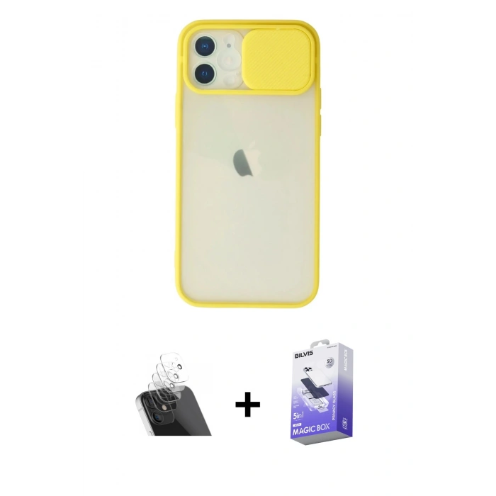 MARSİLYAN™- iPhone 12 Kılıf Vadi Çizgi - Siyah Bilvis 5in1 5D Magic Hayalet Cam Ekran Koruyucu + Şeffaf Kamera Lens Koruma Cam