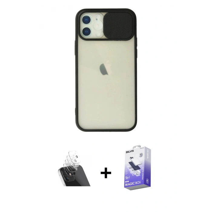 MARSİLYAN™- iPhone 12 Kılıf Vadi Çizgi - Siyah Bilvis 5in1 5D Magic Hayalet Cam Ekran Koruyucu + Şeffaf Kamera Lens Koruma Cam