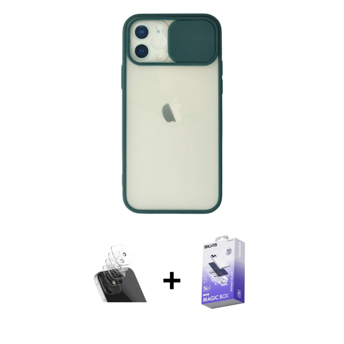 MARSİLYAN™- iPhone 12 Kılıf Vadi Çizgi - Siyah Bilvis 5in1 5D Magic Hayalet Cam Ekran Koruyucu + Şeffaf Kamera Lens Koruma Cam