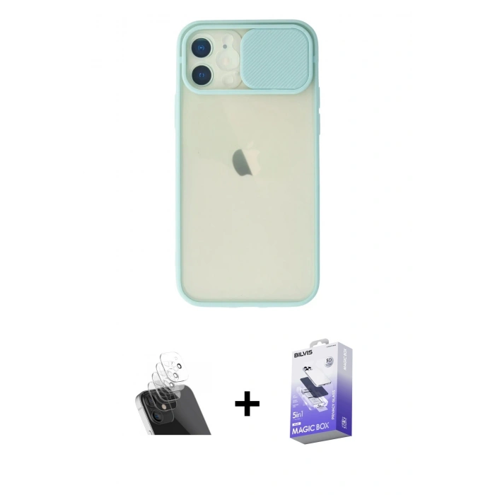 MARSİLYAN™- iPhone 12 Kılıf Vadi Çizgi - Siyah Bilvis 5in1 5D Magic Hayalet Cam Ekran Koruyucu + Şeffaf Kamera Lens Koruma Cam