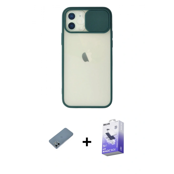 MARSİLYAN™- iPhone 12 Kılıf Vadi Çizgi - Siyah Bilvis 5in1 5D Magic Hayalet Cam Ekran Koruyucu + Shine Kamera Lens Koruma Cam - SABE