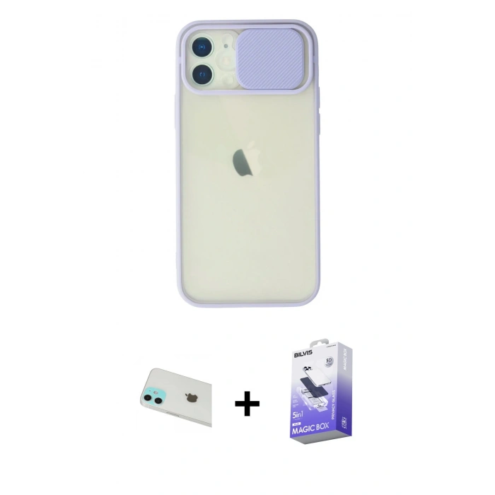 MARSİLYAN™- iPhone 12 Kılıf Vadi Çizgi - Siyah Bilvis 5in1 5D Magic Hayalet Cam Ekran Koruyucu + Rainbow Kamera Lens Koruma Cam - YL