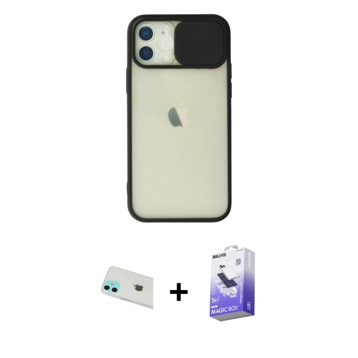 MARSİLYAN™- iPhone 12 Kılıf Vadi Çizgi - Siyah Bilvis 5in1 5D Magic Hayalet Cam Ekran Koruyucu + Rainbow Kamera Lens Koruma Cam - YL
