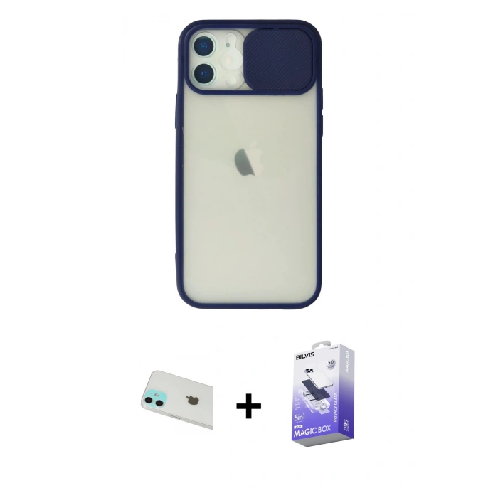 MARSİLYAN™- iPhone 12 Kılıf Vadi Çizgi - Siyah Bilvis 5in1 5D Magic Hayalet Cam Ekran Koruyucu + Rainbow Kamera Lens Koruma Cam - YL