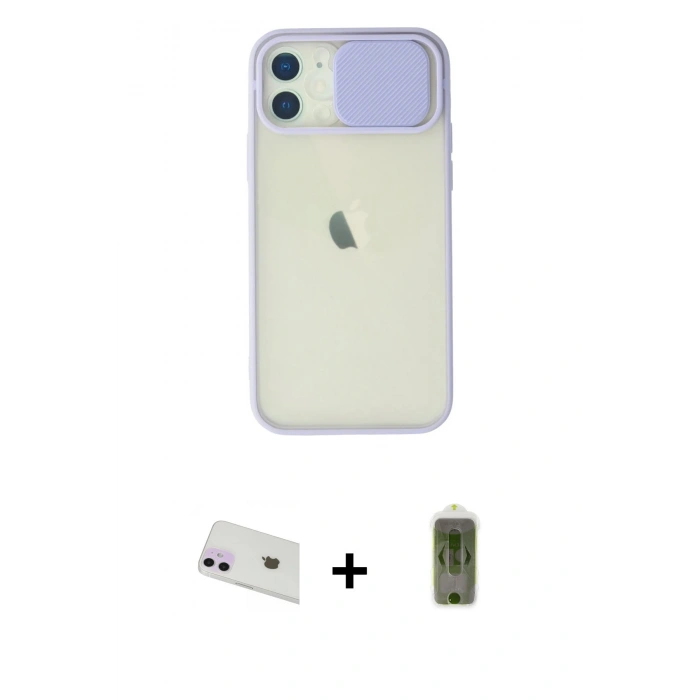 MARSİLYAN™- iPhone 12 Kılıf Vadi Çizgi - Siyah Joko Magic 5D Hayalet Cam + Mor Rainbow Kamera Lens Koruma Cam