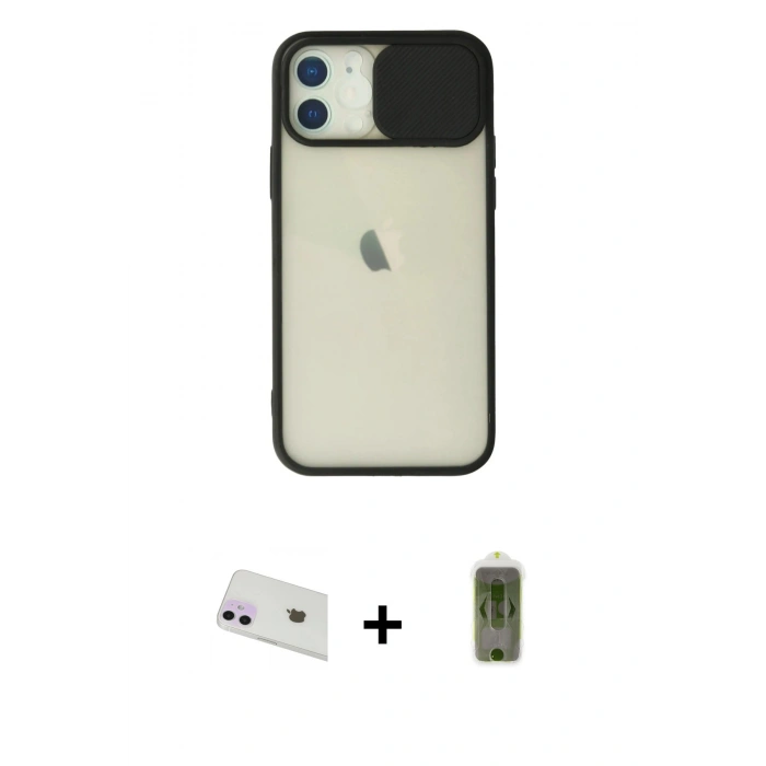 MARSİLYAN™- iPhone 12 Kılıf Vadi Çizgi - Siyah Joko Magic 5D Hayalet Cam + Mor Rainbow Kamera Lens Koruma Cam