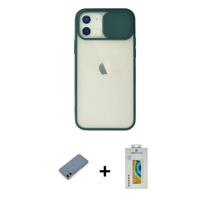MARSİLYAN™- iPhone 12 Kılıf Vadi Çizgi - Siyah Polymer Nano Ekran Koruyucu + Metal Kamera Lens Koruma Cam - GD
