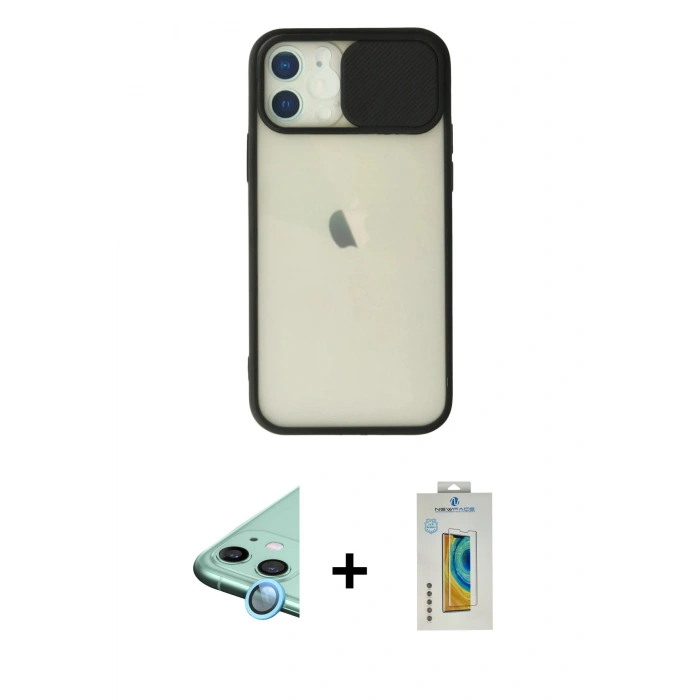 MARSİLYAN™- iPhone 12 Kılıf Vadi Çizgi - Siyah Polymer Nano Ekran Koruyucu + Raze Metal Kamera Lens - MI