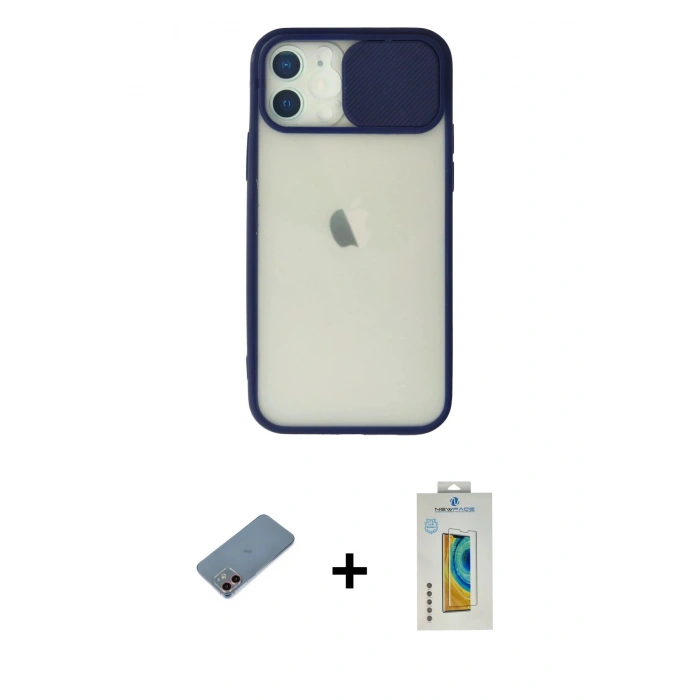 MARSİLYAN™- iPhone 12 Kılıf Vadi Çizgi - Siyah Polymer Nano Ekran Koruyucu + Pembe Shine Kamera Lens Koruma Cam