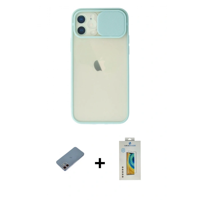 MARSİLYAN™- iPhone 12 Kılıf Vadi Çizgi - Siyah Polymer Nano Ekran Koruyucu + Pembe Shine Kamera Lens Koruma Cam