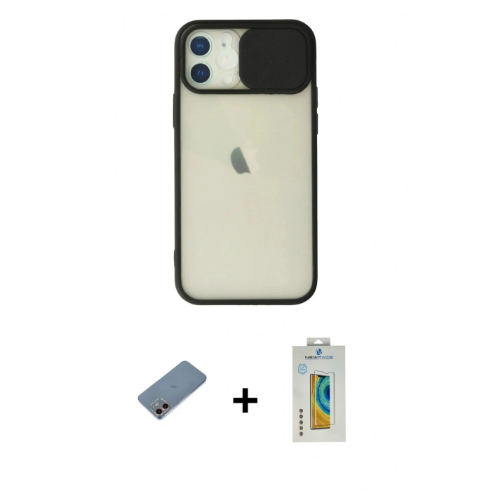 MARSİLYAN™- iPhone 12 Kılıf Vadi Çizgi - Siyah Polymer Nano Ekran Koruyucu + Pembe Shine Kamera Lens Koruma Cam