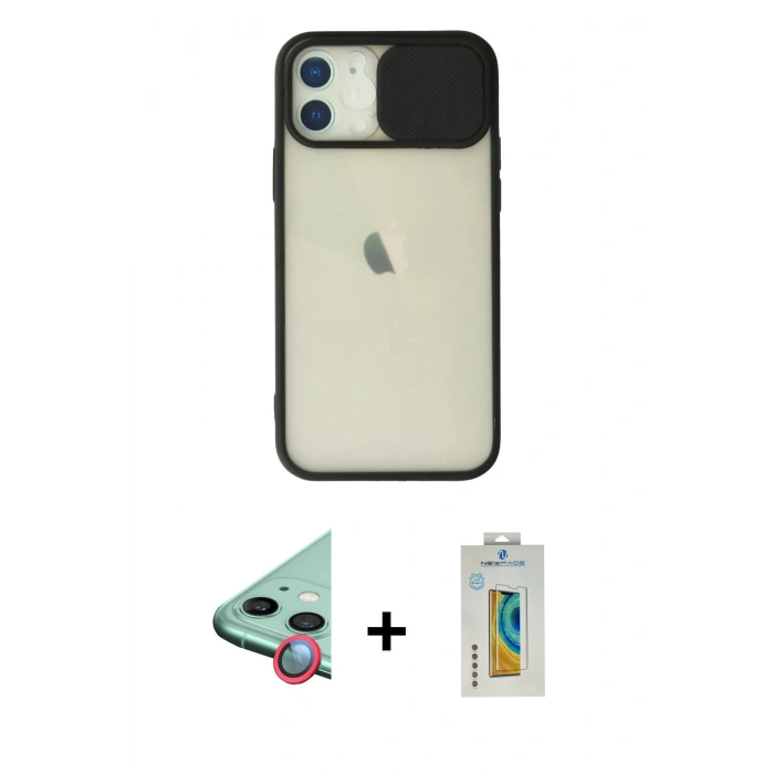 MARSİLYAN™- iPhone 12 Kılıf Vadi Çizgi - Siyah Polymer Nano Ekran Koruyucu + Raze Metal Kamera Lens - KI