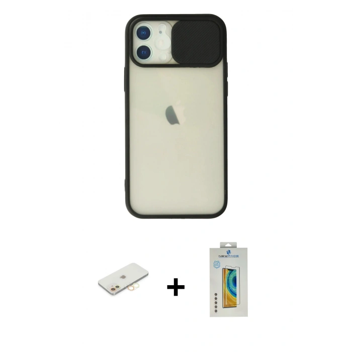 MARSİLYAN™- iPhone 12 Kılıf Vadi Çizgi - Siyah Polymer Nano Ekran Koruyucu + Renkli Kamera Lens Koruma Cam - SI