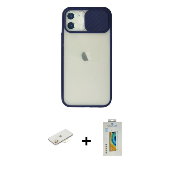 MARSİLYAN™- iPhone 12 Kılıf Vadi Çizgi - Siyah Polymer Nano Ekran Koruyucu + Renkli Kamera Lens Koruma Cam - SI