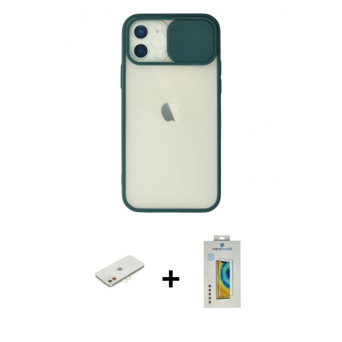 MARSİLYAN™- iPhone 12 Kılıf Vadi Çizgi - Siyah Polymer Nano Ekran Koruyucu + Renkli Kamera Lens Koruma Cam - TU