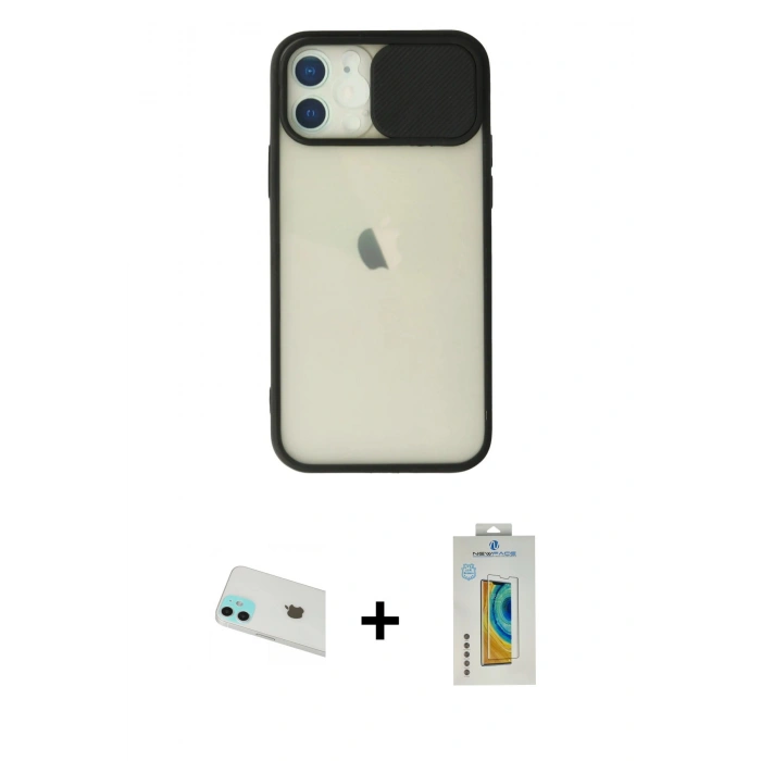 MARSİLYAN™- iPhone 12 Kılıf Vadi Çizgi - Siyah Polymer Nano Ekran Koruyucu + Yeşil Rainbow Kamera Lens Koruma Cam