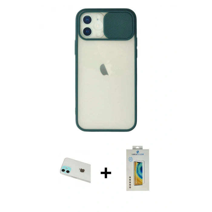 MARSİLYAN™- iPhone 12 Kılıf Vadi Çizgi - Siyah Polymer Nano Ekran Koruyucu + Yeşil Rainbow Kamera Lens Koruma Cam