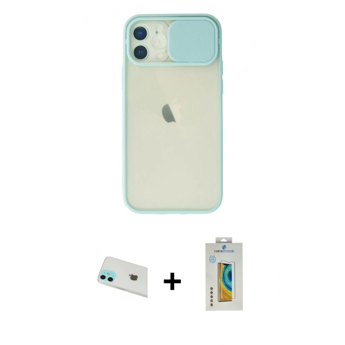 MARSİLYAN™- iPhone 12 Kılıf Vadi Çizgi - Siyah Polymer Nano Ekran Koruyucu + Yeşil Rainbow Kamera Lens Koruma Cam