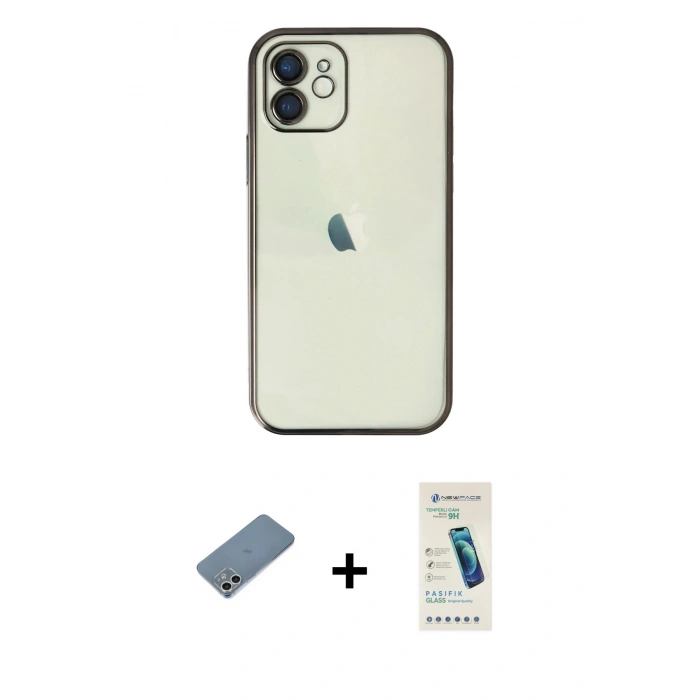 MARSİLYAN™- iPhone 12 Kılıf Vadi Minimal - Şeffaf Pasifik Cam Ekran Koruyucu + Shine Kamera Lens Koruma Cam - GS