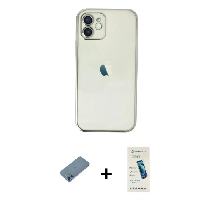 MARSİLYAN™- iPhone 12 Kılıf Vadi Minimal - Şeffaf Pasifik Cam Ekran Koruyucu + Shine Kamera Lens Koruma Cam - MI