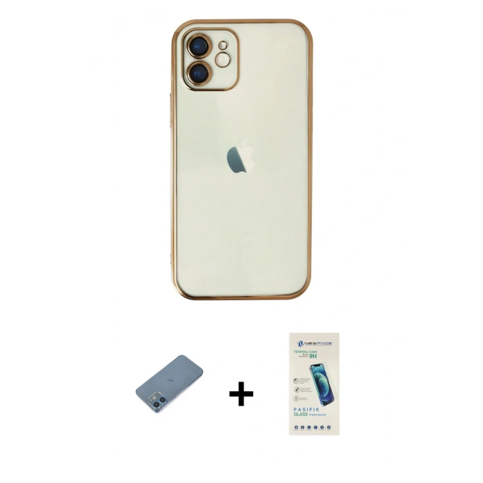 MARSİLYAN™- iPhone 12 Kılıf Vadi Minimal - Şeffaf Pasifik Cam Ekran Koruyucu + Shine Kamera Lens Koruma Cam - MI