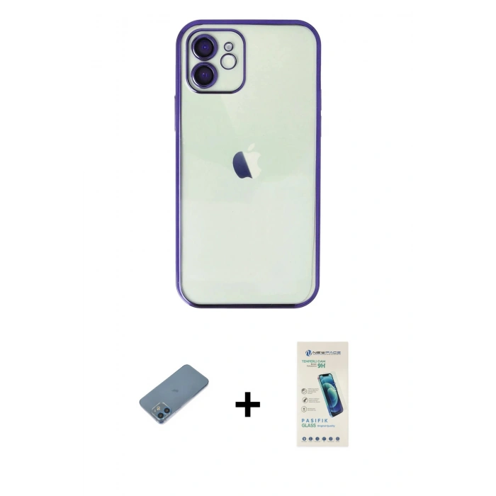 MARSİLYAN™- iPhone 12 Kılıf Vadi Minimal - Şeffaf Pasifik Cam Ekran Koruyucu + Shine Kamera Lens Koruma Cam - MI