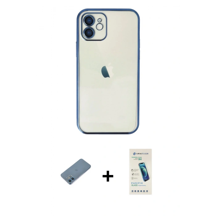 MARSİLYAN™- iPhone 12 Kılıf Vadi Minimal - Şeffaf Pasifik Cam Ekran Koruyucu + Shine Kamera Lens Koruma Cam - MI