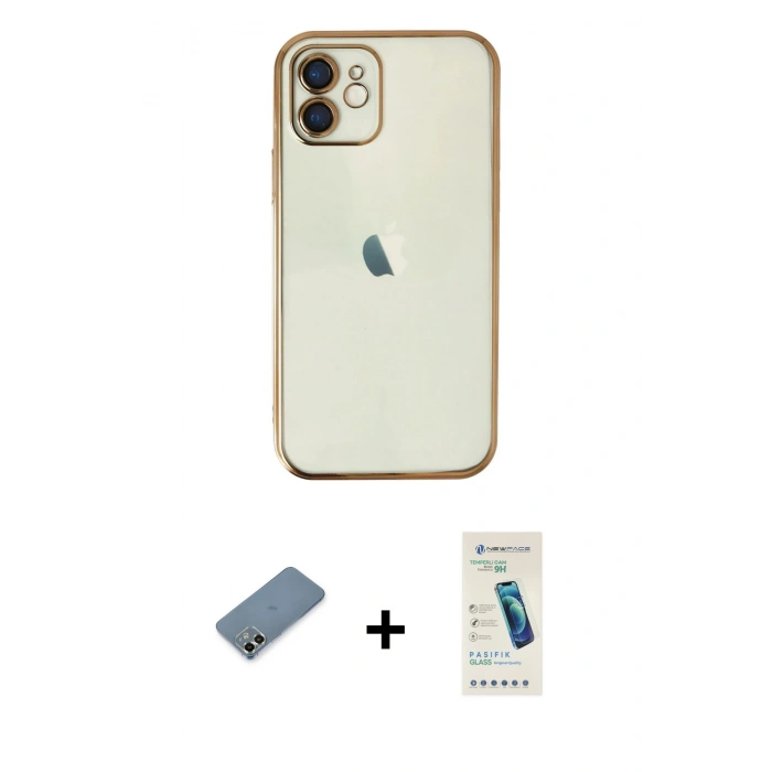MARSİLYAN™- iPhone 12 Kılıf Vadi Minimal - Şeffaf Pasifik Cam Ekran Koruyucu + Metal Kamera Lens Koruma Cam - AKYL
