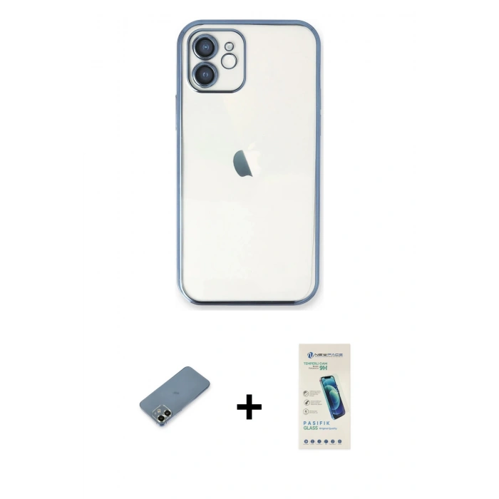 MARSİLYAN™- iPhone 12 Kılıf Vadi Minimal - Şeffaf Pasifik Cam Ekran Koruyucu + Metal Kamera Lens Koruma Cam - AKYL