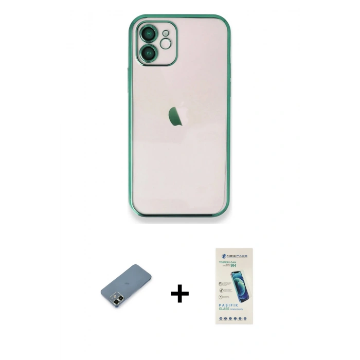 MARSİLYAN™- iPhone 12 Kılıf Vadi Minimal - Şeffaf Pasifik Cam Ekran Koruyucu + Metal Kamera Lens Koruma Cam - AKYL
