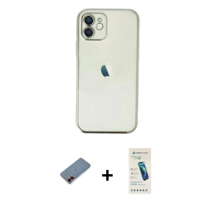 MARSİLYAN™- iPhone 12 Kılıf Vadi Minimal - Şeffaf Pasifik Cam Ekran Koruyucu + Metal Kamera Lens Koruma Cam - KI