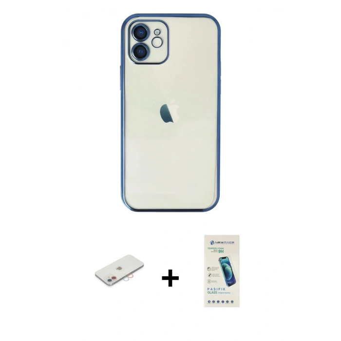 MARSİLYAN™- iPhone 12 Kılıf Vadi Minimal - Şeffaf Pasifik Cam Ekran Koruyucu + Renkli Kamera Lens Koruma Cam - PE