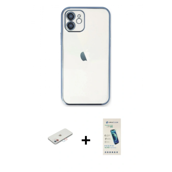 MARSİLYAN™- iPhone 12 Kılıf Vadi Minimal - Şeffaf Pasifik Cam Ekran Koruyucu + Renkli Kamera Lens Koruma Cam - PE
