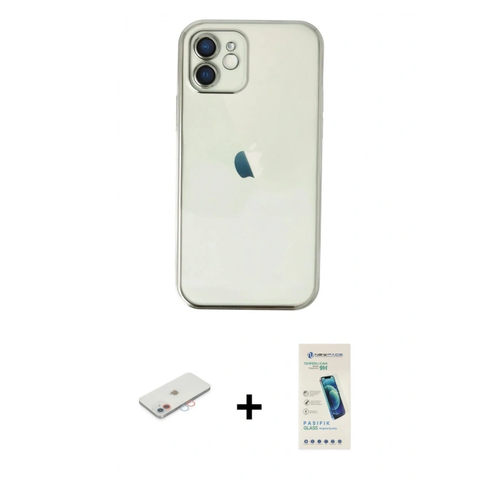 MARSİLYAN™- iPhone 12 Kılıf Vadi Minimal - Şeffaf Pasifik Cam Ekran Koruyucu + Renkli Kamera Lens Koruma Cam - PE