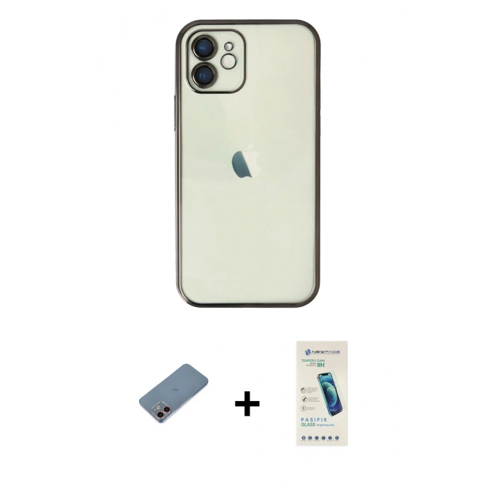 MARSİLYAN™- iPhone 12 Kılıf Vadi Minimal - Şeffaf Pasifik Cam Ekran Koruyucu + Shine Kamera Lens Koruma Cam - PE